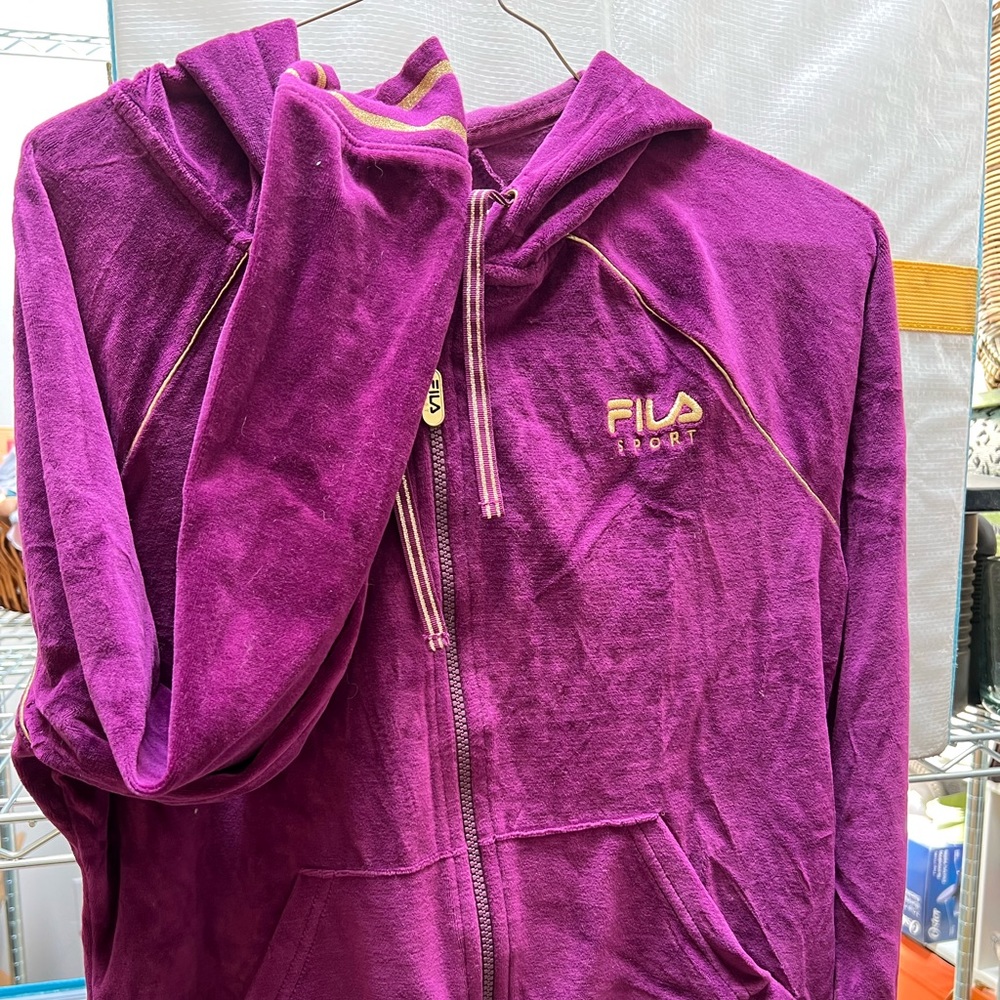 Fila, purple velour hoodie, shiny gold piping, stripes & lettering. NWOT’s.